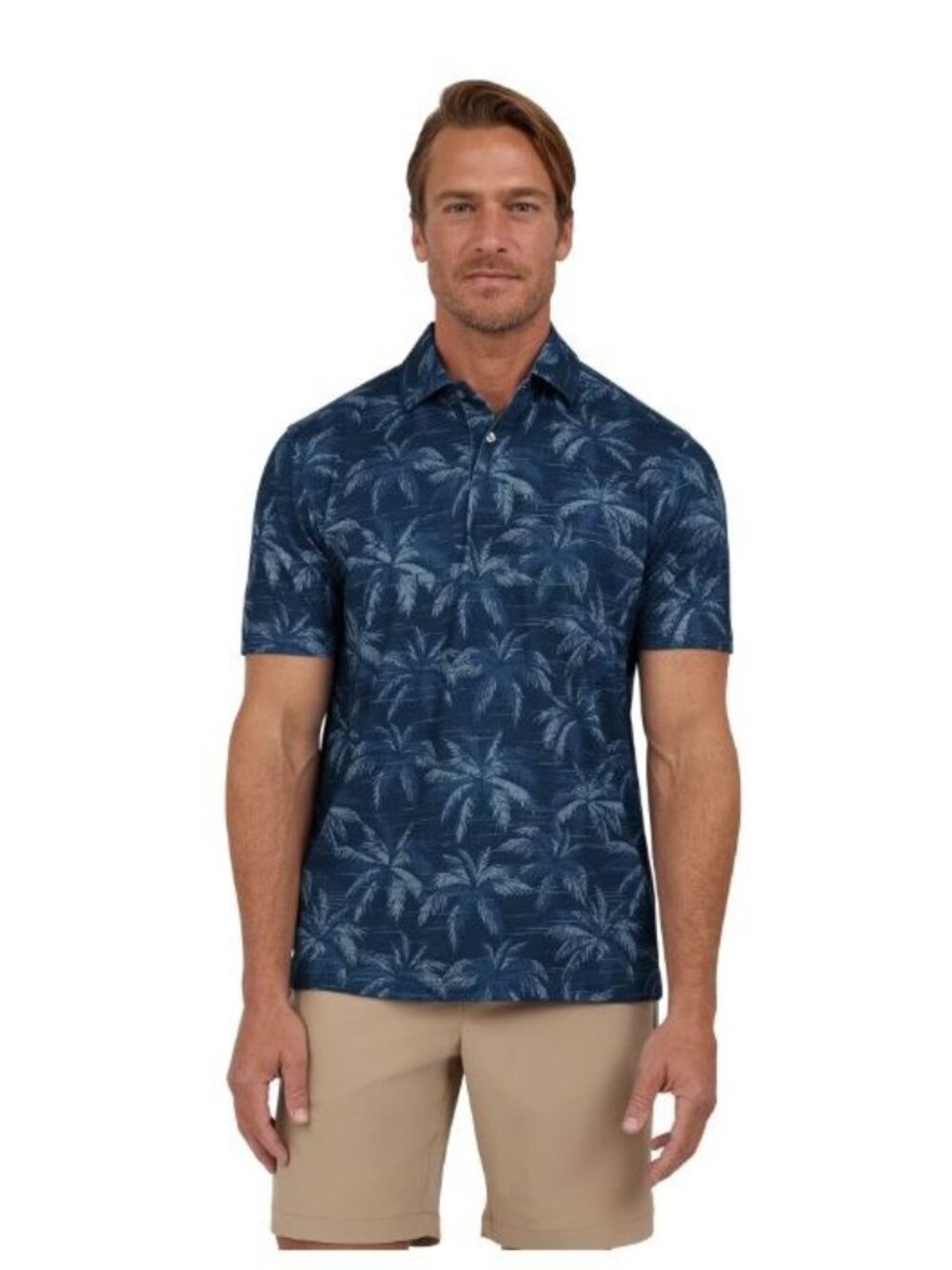 Chaps Mens Everyday Performance Palm Tree Print Polo Marina Blue Size Medium